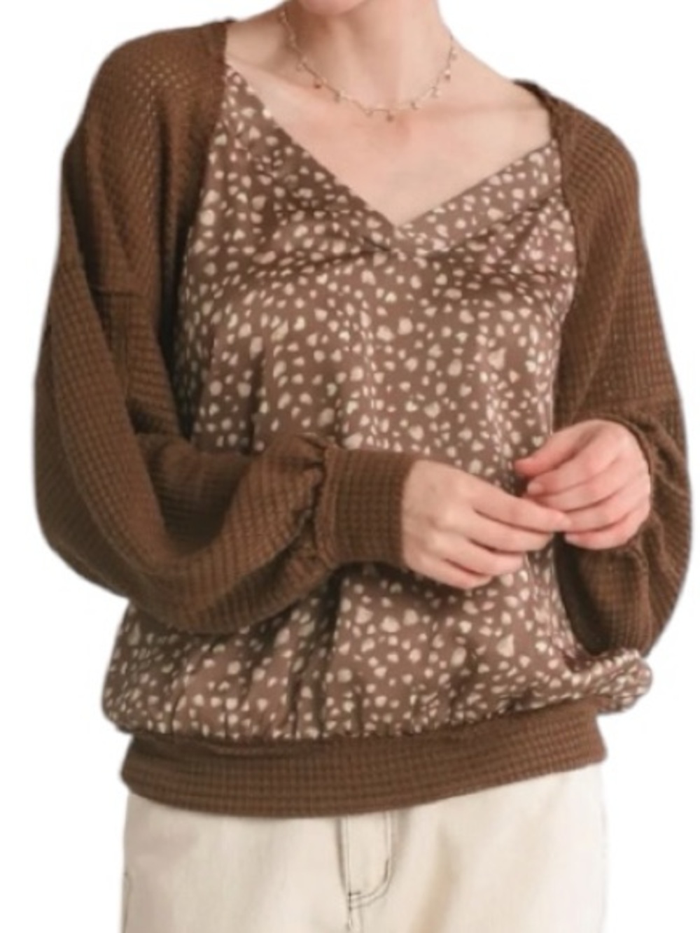 Umgee Brown Waffle Knit Balloon Sleeve Cardigan with Printed Liner